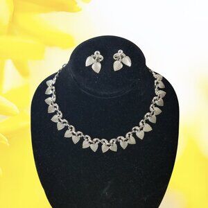 1960s Silvertone Leaf Necklace with Matching Clip-on Earrings